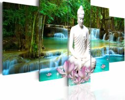 Schilderij - Zen Waterval , boeddha , blauw groen , 5 luik, print op echt Italiaans canvas, 2 maten, wanddecoratie