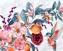 Fotobehang - Waterverf vogel tussen kleurrijke bloemen, 11 maten, Inclusief behanglijm, prachtig op de muur 400x280cm