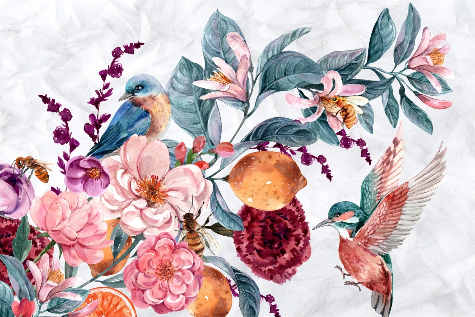 Fotobehang - Waterverf vogel tussen kleurrijke bloemen, 11 maten, Inclusief behanglijm, prachtig op de muur 400x280cm