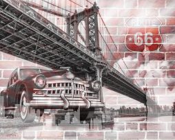 Fotobehang - Amerika, USA, Oldtimer, route66, Brooklyn Bridge, Op stenen achtergrond, 11 maten, incl behanglijm 208x146cm
