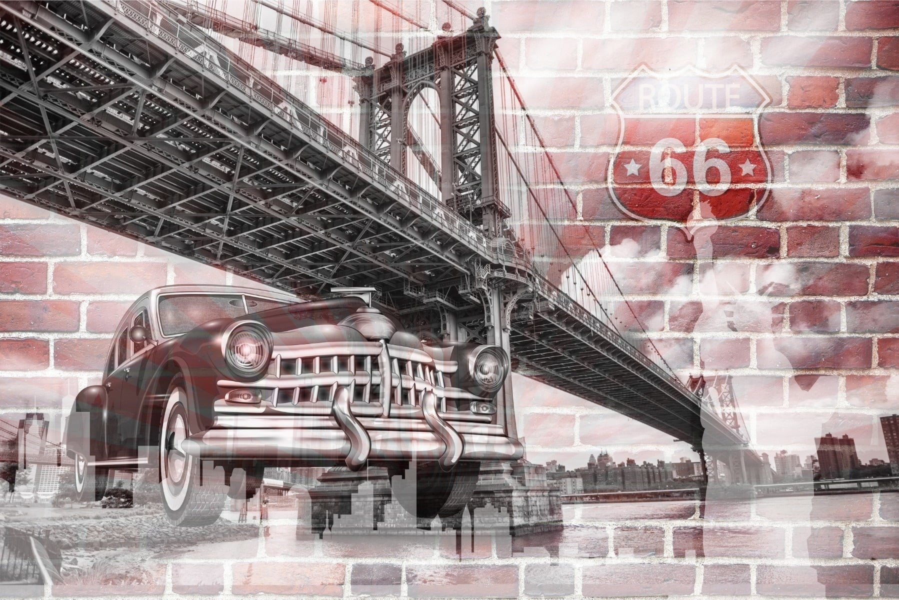 Fotobehang - Amerika, USA, Oldtimer, route66, Brooklyn Bridge, Op stenen achtergrond, 11 maten, incl behanglijm 208x146cm