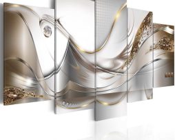 Schilderij - Gouden Vlucht, 5luik, print op echt Italiaans canvas, abstract schilderij, wit en goud, wanddecoratie 200x100 cm