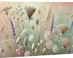 Schilderij - Wilde Bloemen ,kruid weide in pastel tinten, 80X60cm, 1luik