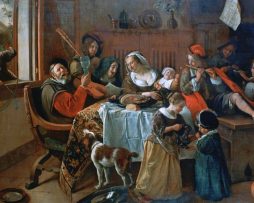 Schilderij - Vrolijk huisgezin, Jan Steen, Museumstuk, wij gebruiken geen filters bij de ouder meesters - 90x60cm