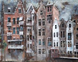 Schilderij - Metaalschilderij - Grachten panden 80x120cm