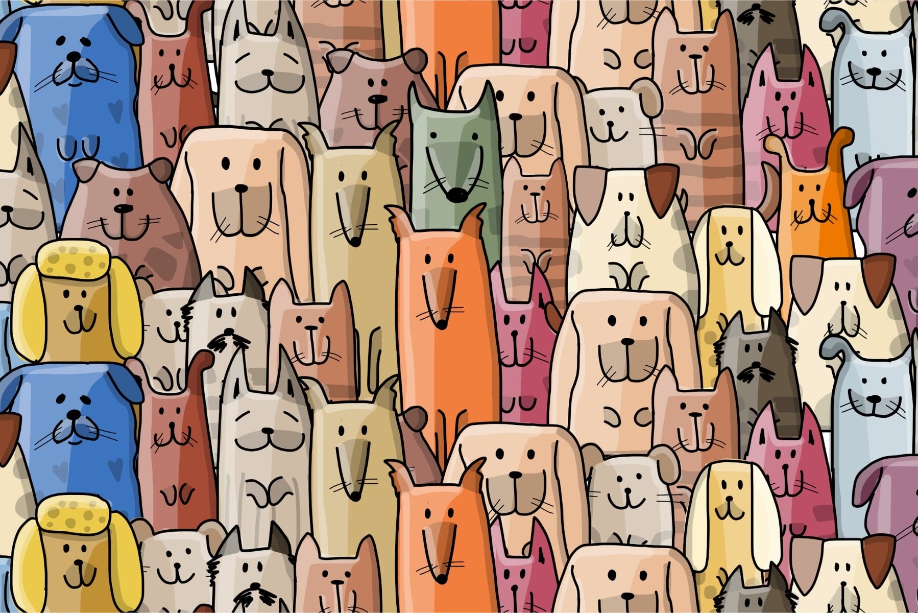 Fotobehang - Kleurrijke Cartoon Honden, 11 maten, ook mooi in de kinderkamer, inclusief behanglijm