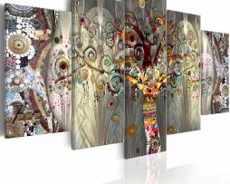 Schilderij - Boom des Levens ,5 luik, Abstract schilderij, print op echt Italiaans canvas, multikleur