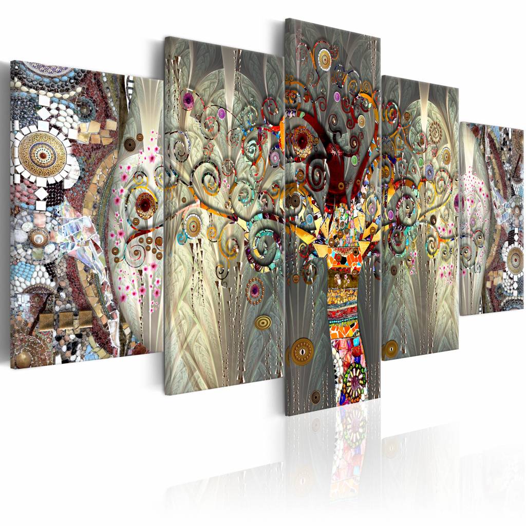 Schilderij - Boom des Levens ,5 luik, Abstract schilderij, print op echt Italiaans canvas, multikleur