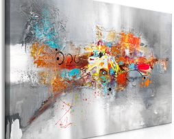 Schilderij - Dominant, 2 maten, wanddecoratie, Felle kleuren op grijze achtergrond, Abstracte afbeelding, print op echt Italiaans canvas, Wanddecoratie