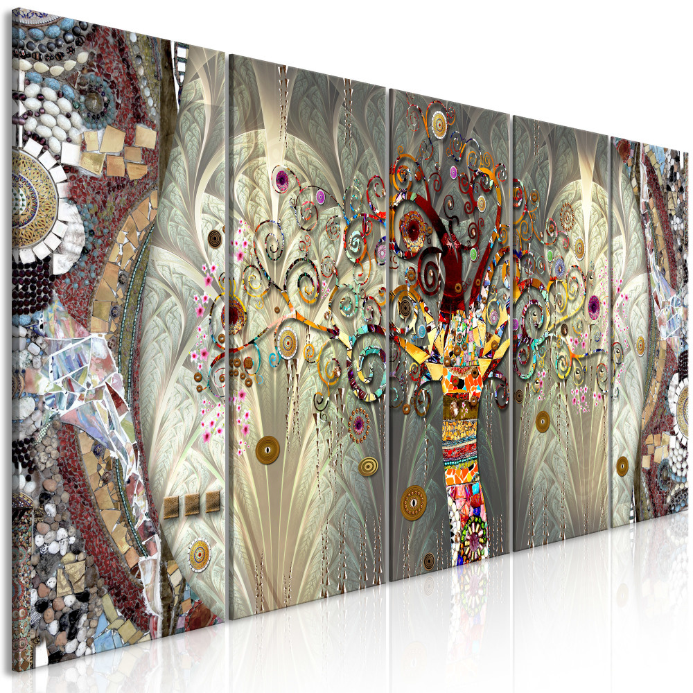 Schilderij - Levensboom , abstract , 5 luik XXL 225x90cm, Print op echt Italiaans canvas, Wanddecoratie, voor slaapkamer en woonkamer