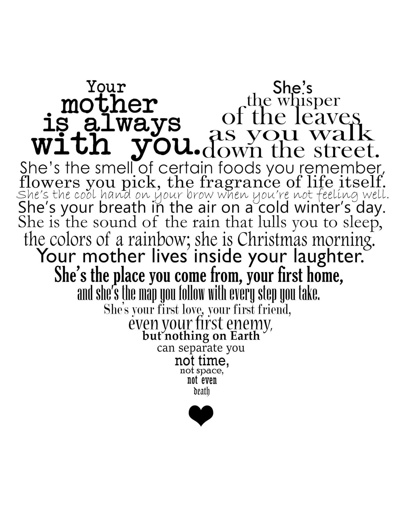 Poster - Voor lieve moeder, your mother is always with you, Spreuken in hartjes vorm, Liefde