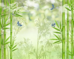 Fotobehang - Bamboe en vogels, Groen en blauw, in 11 maten te koop, inclusief behanglijm