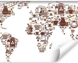 Fotobehang - Koffie Kaart van de Wereld, Wereldkaart, 11 maten, premium print, incl behanglijm 312x219cm