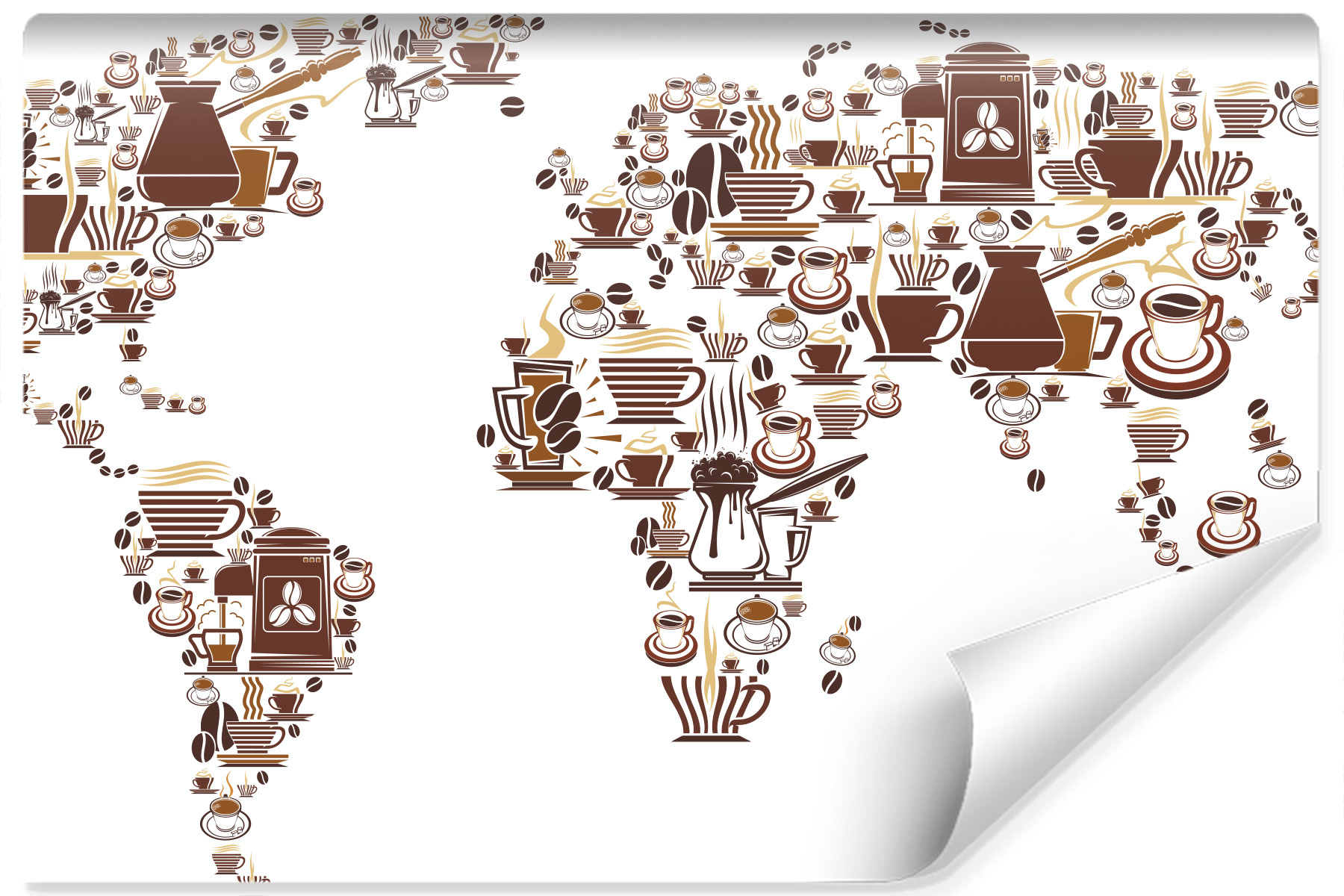 Fotobehang - Koffie Kaart van de Wereld, Wereldkaart, 11 maten, premium print, incl behanglijm 208x146cm