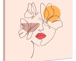 Schilderij - Line art Vrouw met Vlinders, rood/geel/roze, Premium Print