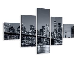 Schilderij - Brooklyn Bridge bij Avond, 3 maten, Premium Print