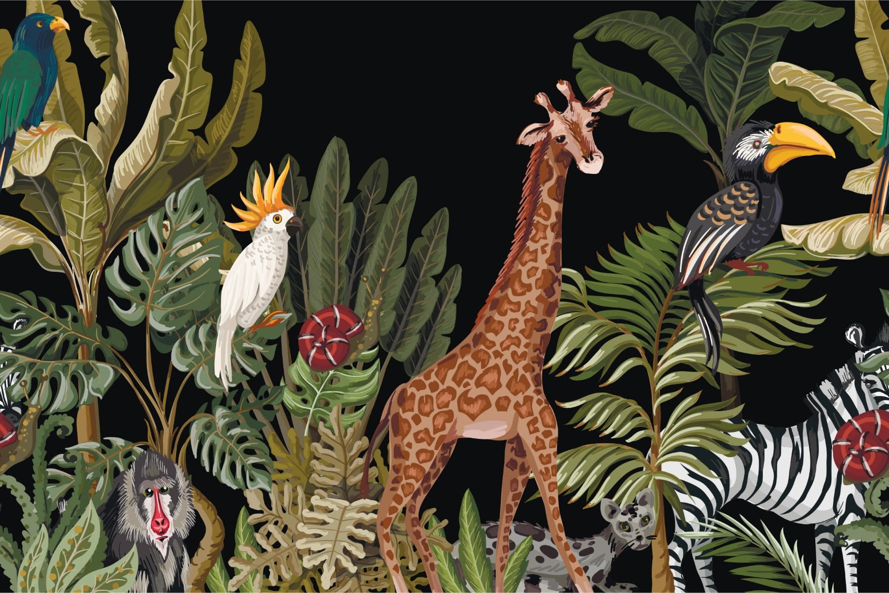 Fotobehang - Exotische dieren tussen bladeren, Kinderkamer, 11 maten, inclusief behanglijm 450 x 300 cmcm