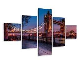 Schilderij - Tower Bridge in de avonduren, 5 luik, Premium Print