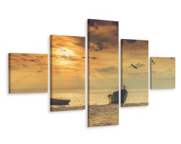 Schilderij - Boten op het strand, 5 luik, Premium Print