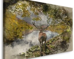 Schilderij - Hert op de uitkijk, 90x60cm. Premium print