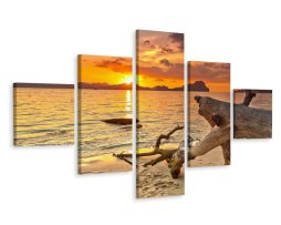 Schilderij - Zee en zonsondergang, 5 luik, Premium Print