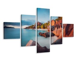 Schilderij - Strand Seychellen, 5 luik, Premium Print
