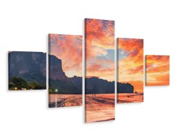 Schilderij - Zonsondergang in Thailand, 5 luik, Premium Print