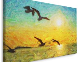 Schilderij - Zeemeeuwen en ondergaande zon, Print op canvas, premium Print