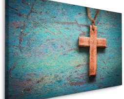 Schilderij - Houten Kruis op Blauwe Achtergrond, Premium Print