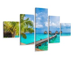 Schilderij - Pier in paradijs, Oceaan, 5 luik, Premium print