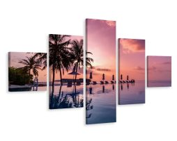 Schilderij - Zonsondergang in paradijs, Oceaan, 5 luik, Premium print