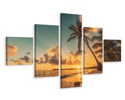 Schilderij - Palmbomen en Zonsondergang, 5 luik. Premium print