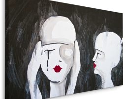 Schilderij - Abstract portret van twee Vrouwen, zwart, wit, rood