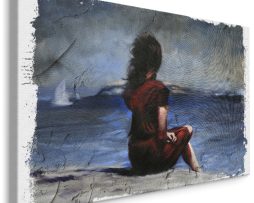 Schilderij - Vrouw in Rode Jurk op het Strand, Print op canvas