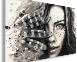 Schilderij - Portret van een jonge vrouw, Veren, Premium Print