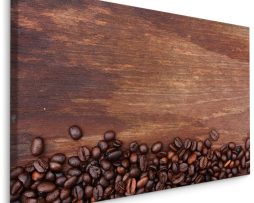 Schilderij - Koffiebonen op een Houten Achtergrond, Print op Canvas