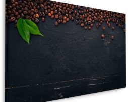 Schilderij - Koffiebonen op een Zwart Houten Tafel, Premium Print