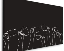 Schilderij - Handen omhoog wie er Koffie wil, Zwart/Wit