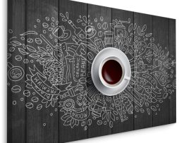 Schilderij - Wit kopje koffie op Zwarte Tafel, premium Print