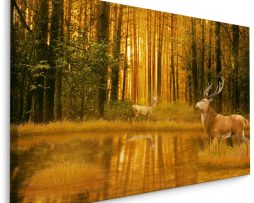 Schilderij - Herten bij een Meer in het Bos, premium Print