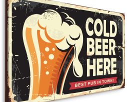 Schilderij - Retro Bord, Cold Beer Here, Premium Print op canvas