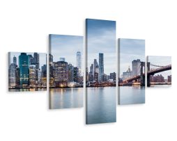 Schilderij - Panorama New York City Skyline, NYC, 5 luik, Premium print