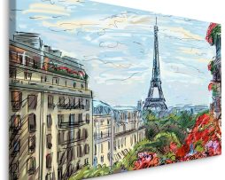 Schilderij - Tekening van Parijs, Eiffeltoren, Premium Print op Canvas