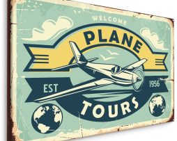 Schilderij - Plane Tours, Reclame Bord, Premium Print op Canvas