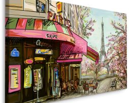Schilderij - Tekening van Café in Parijs, Print op Canvas