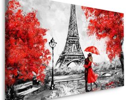 Schilderij - Romantiek bij de Eiffeltoren, zwart, wit, rood, premium Print