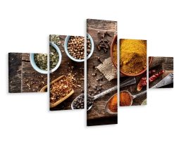 Schilderij - Houten plank met specerijen, 5luik, Premium print