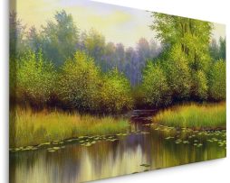 Schilderij - Bos in de Lente, Rivier, groen, Premium Print