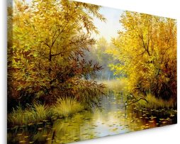 Schilderij - Rivier door het Bos, Herfst, Premium Print op Canvas
