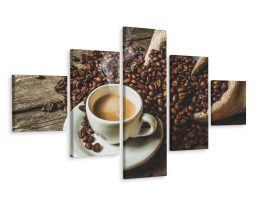 Schilderij - koffie en bonen, 5 luik, Premium print